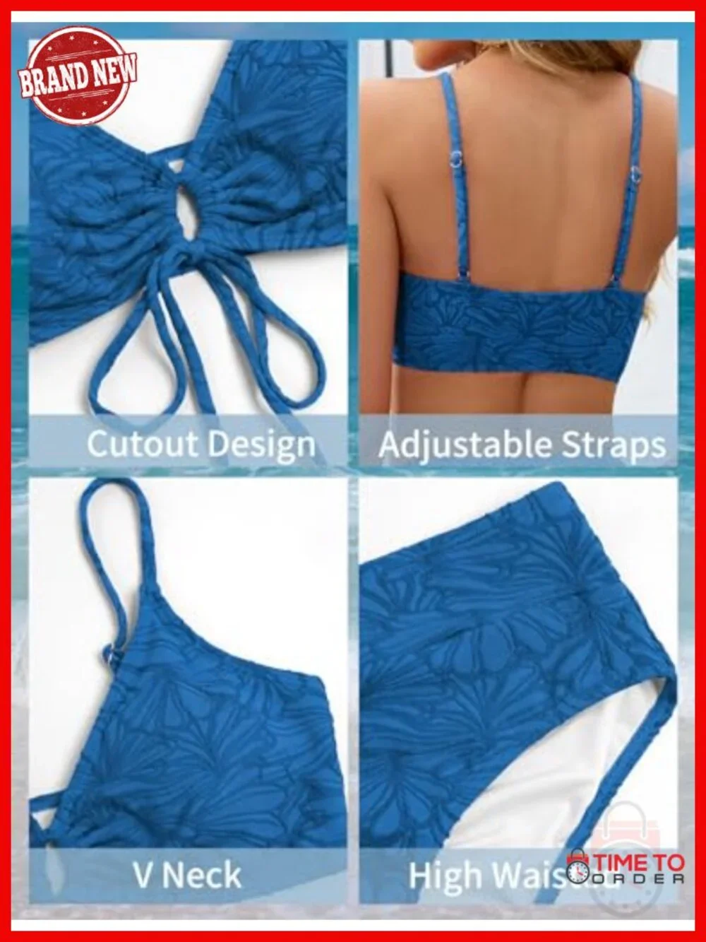 2 Piece High Waisted V Neck Cut Out Bikini Set Floral Textured Swimwear